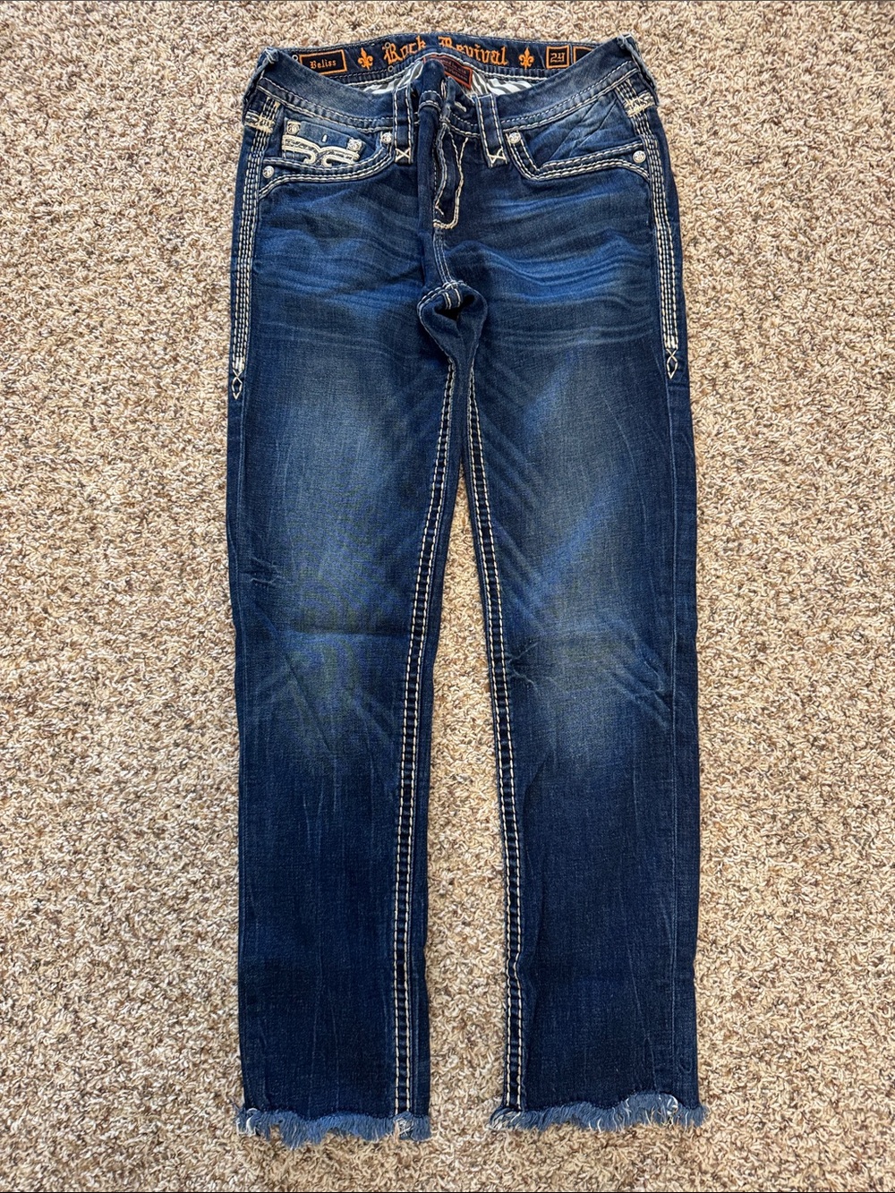 Rock Revival Women's Dark Blue Straight Leg Jeans with Embroidered Accents